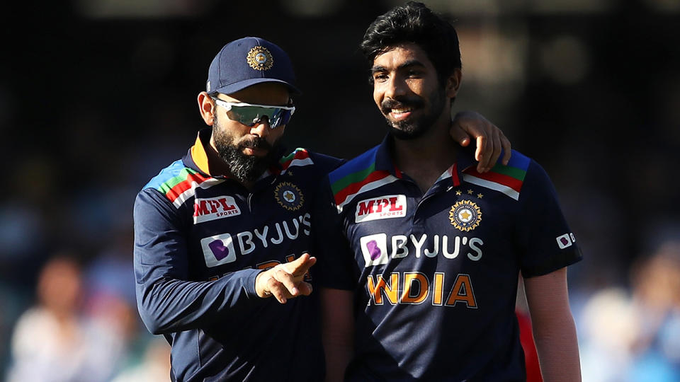 India's Virat Kohli and Jasprit Bumrah are searching for answers ahead of the third ODI match against Australia in Canberra on Wednesday. (Photo by Mark Kolbe/Getty Images)