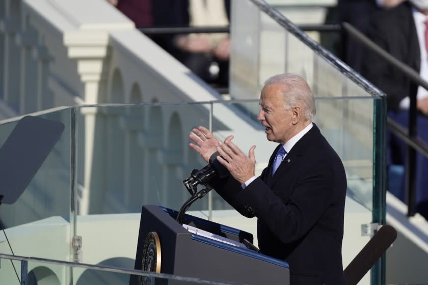 Washington , DC - January 20: U.S. President Joe Biden delivers his inaugural address on the West Front of the U.S. Capitol on Wednesday, Jan. 20, 2021 in Washington , DC. (Kent Nishimura / Los Angeles Times)