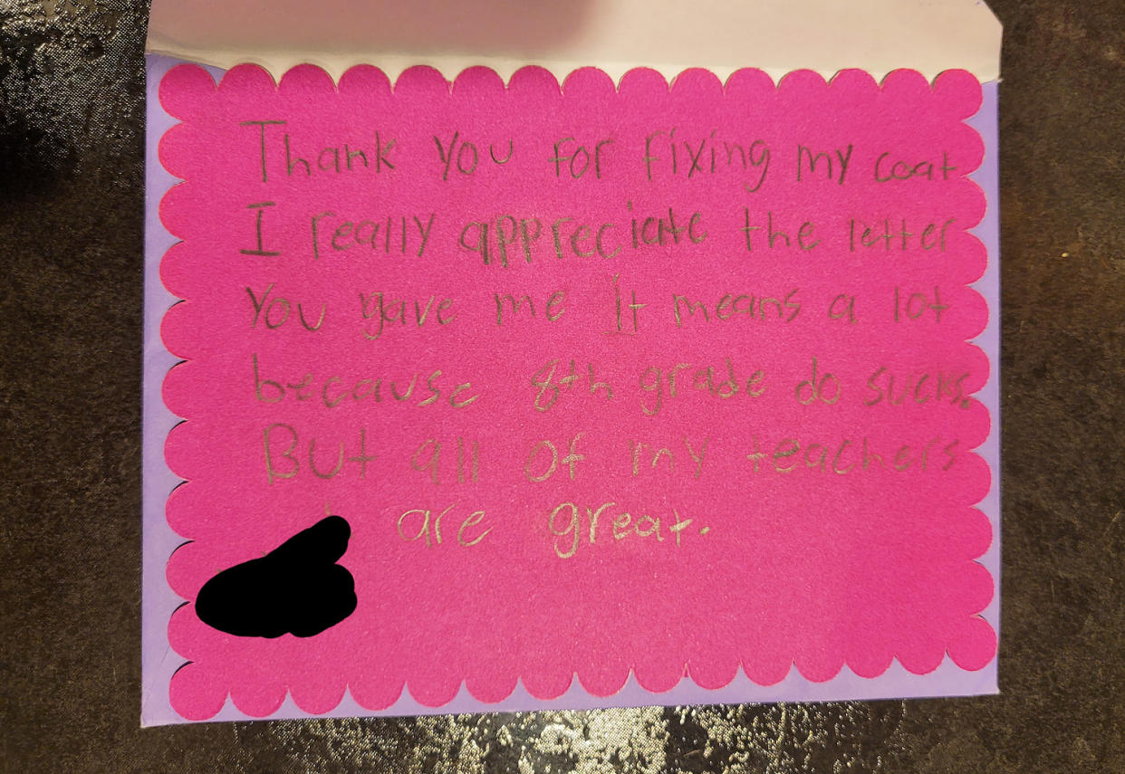 The student was grateful for his mended coat and the note he found in a pocket. (Courtesy Jay)