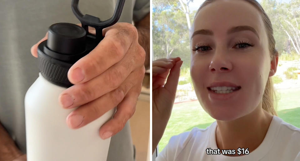 Stills from TikTok video showing Lauren Curtis and her partner holding a Bunnings drink bottle