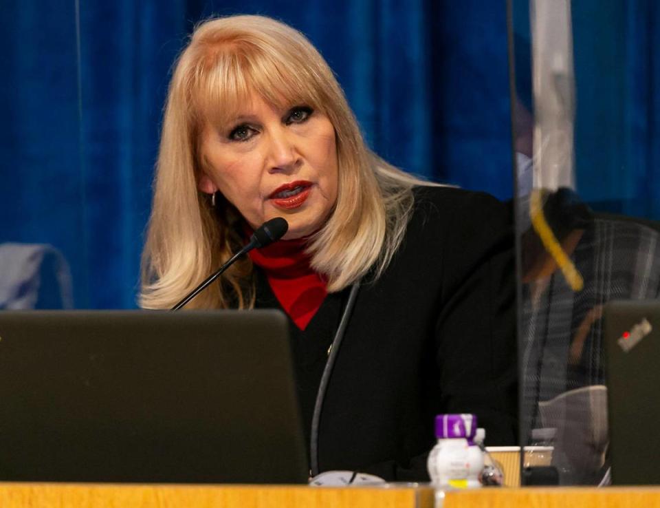 Miami-Dade Public Schools board member Mari Tere Rojas speaks during a special meeting at the board’s headquarters in Miami on Tuesday, Jan. 18, 2022. The meeting, which was held to decide Superintendent Alberto Carvalho’s replacement, concluded with the board narrowing the field to three finalists.