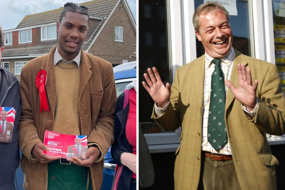 Owusu-Nepaul in Clacton 2024/Farage in Clacton in 2014 (Instagram @clactonlabour / Getty)