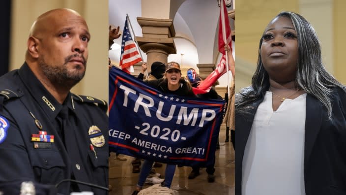 Left to right: Capitol Police officer Harry Dunn; Trump supporters storming the Capitol building; Georgia election worker Shaye Moss testifies before the Jan. 6 insurrection. (Photo: Getty Images)