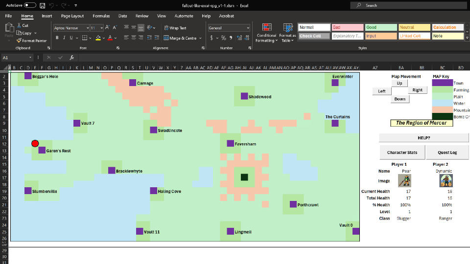 The post-apocalyptic world of Mercer, running in Microsoft Excel