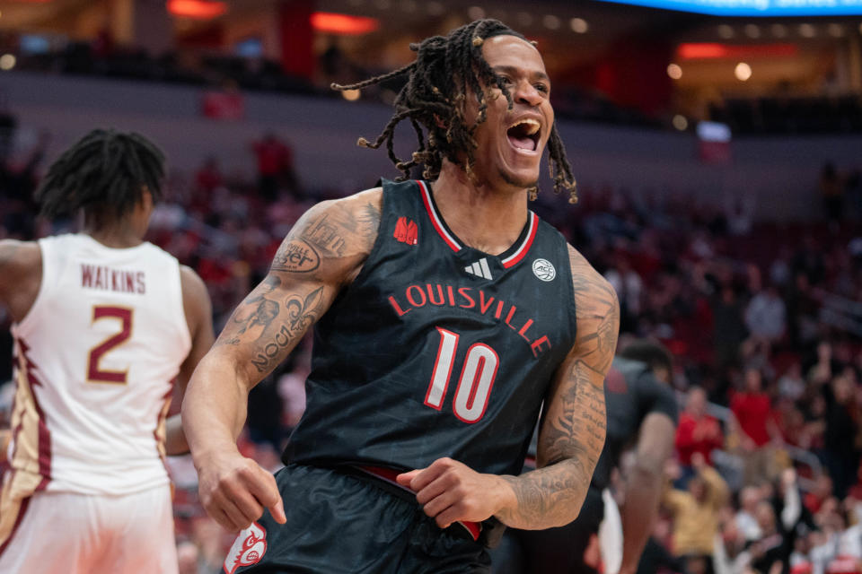 Louisville Cardinals forward Kaleb Glenn (10) celebrates after his basket during their game against the Florida State Seminoles on Saturday, Feb. 3, 2024 at KFC YUM Center.