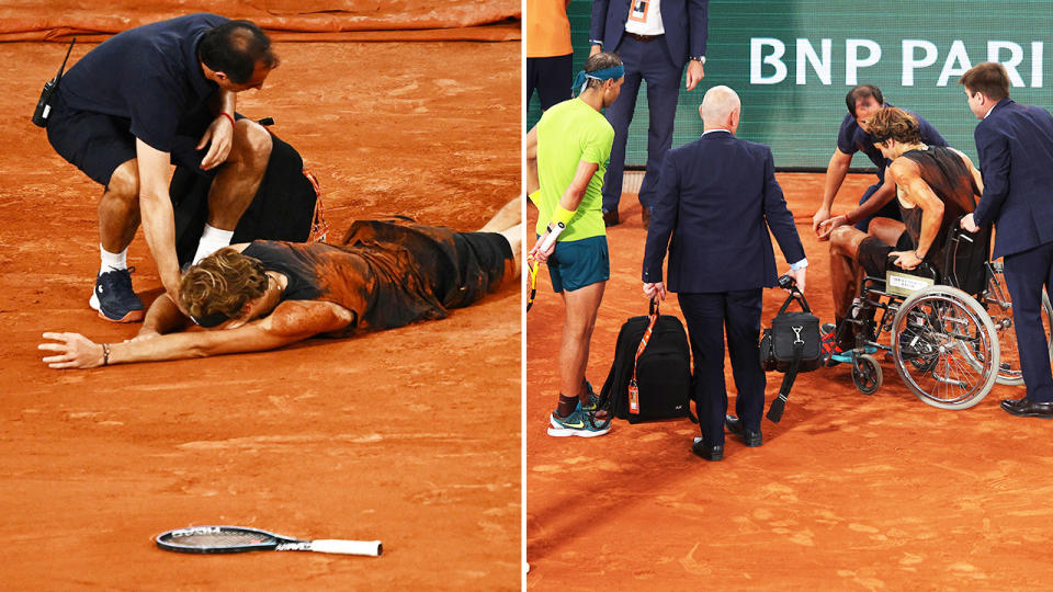 Alexander Zverev, pictured here being taken from the court in a wheelchair at the French Open.