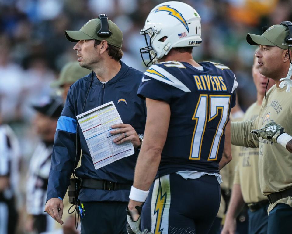 Shane Steichen talks with quarterback Philip Rivers during their time together with the Chargers.