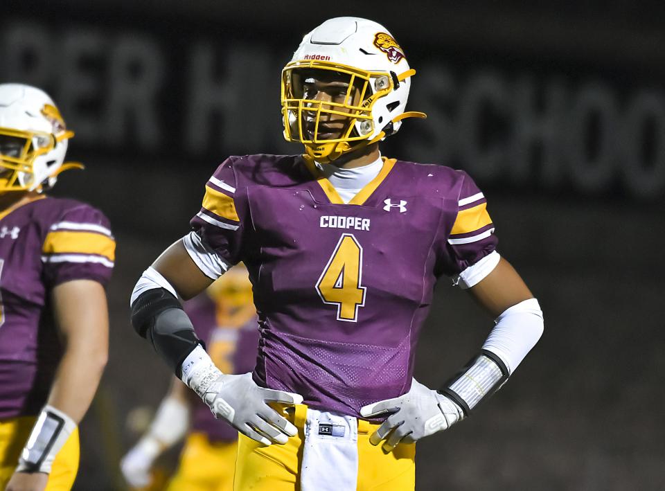 Austin Alexander of Cooper looks at the sideline against Conner during the Skyline Chili Crosstown Showdown at Cooper High School on Friday, Oct. 7, 2022.