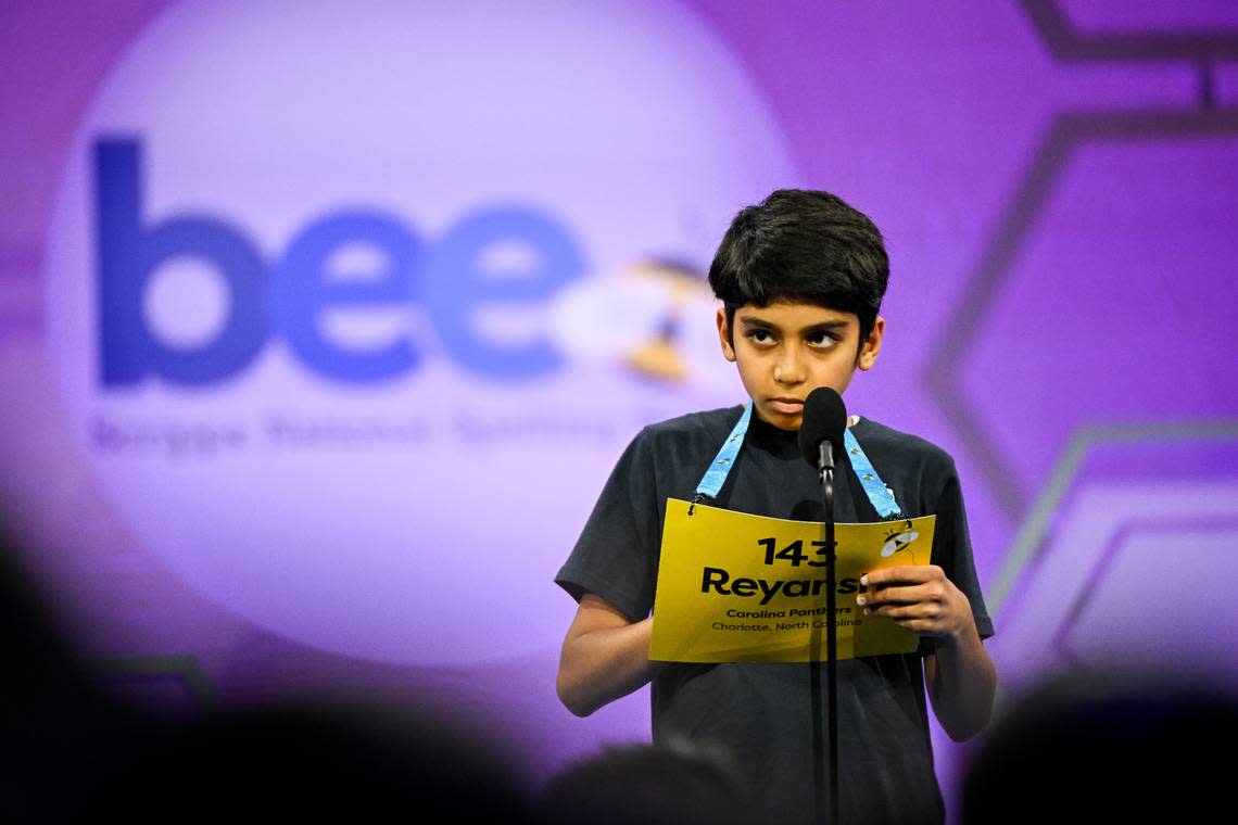 Reyansh Joshi of Mills Park Elementary Park School in Cary, competes Tuesday in the 2023 Scripps National Spelling Bee. Joshi has advanced to the semifinals. E. M. Pio Roda/E. M. Pio Roda / Scripps National Spelling Bee