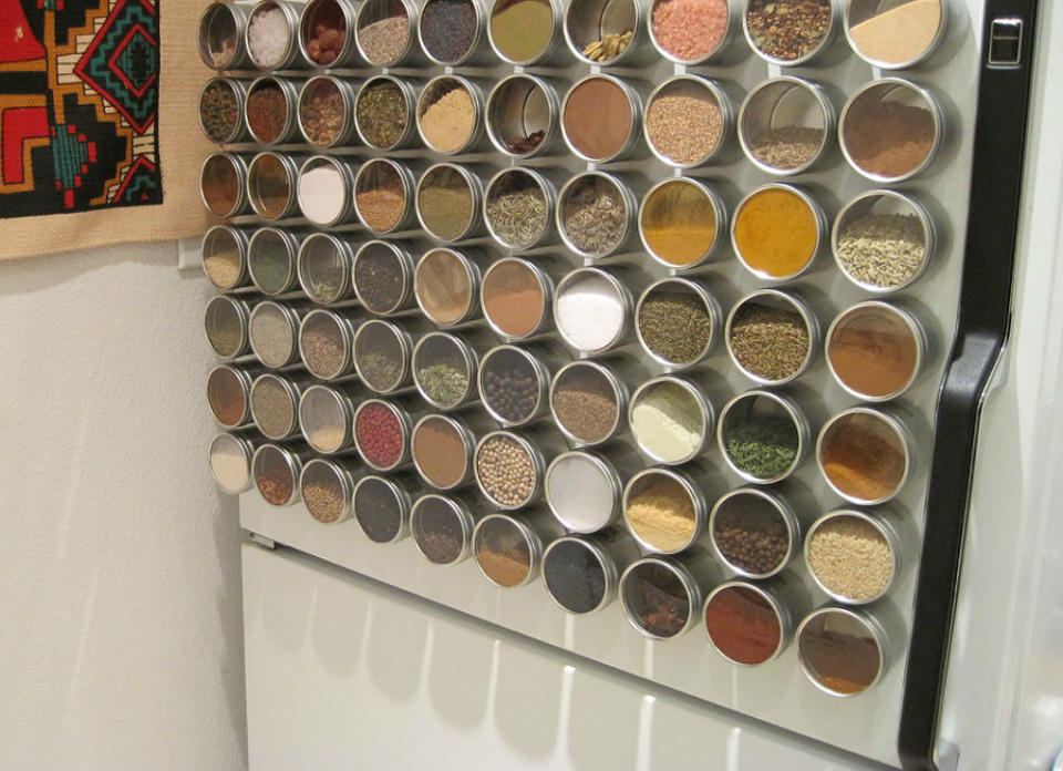 <body> <p>When cabinet space is at a premium, try this off-the-wall spice storage idea on for size. Adhere magnets to the back of pre-labeled clear-top tins with epoxy. Then, fill the tins with sumptuous seasonings, and stick them to the refrigerator to put your culinary and <a rel="nofollow noopener" href=" http://www.bobvila.com/slideshow/21-brilliant-hacks-for-everyday-home-repairs-49944?bv=yahoo" target="_blank" data-ylk="slk:DIY chops;elm:context_link;itc:0;sec:content-canvas" class="link ">DIY chops</a> on display.</p> <p><strong>Related: <a rel="nofollow noopener" href=" http://www.bobvila.com/slideshow/10-clever-diy-ways-to-store-kitchen-spices-48265?bv=yahoo" target="_blank" data-ylk="slk:10 Clever DIY Ways to Store Kitchen Spices;elm:context_link;itc:0;sec:content-canvas" class="link ">10 Clever DIY Ways to Store Kitchen Spices</a> </strong> </p> </body>