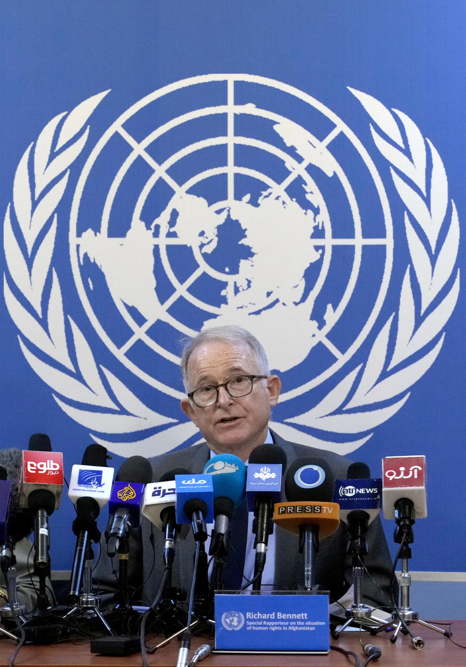 United Nations Special Rapporteur on the situation of Human Rights in Afghanistan, Richard Bennett, speaks during a news conference in Kabul, Afghanistan, Thursday, May 26, 2022. (AP Photo/Ebrahim Noroozi)