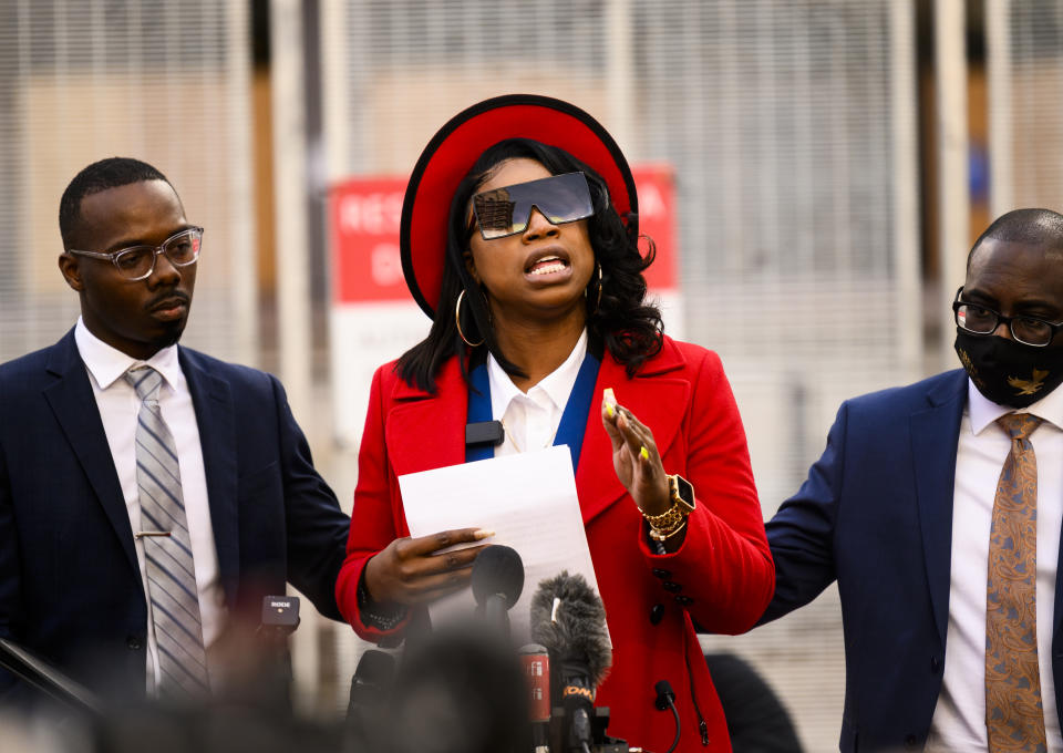 MINNEAPOLIS, MN - MARCH 08: Bridgett Floyd, the sister of George Floyd, speaks during a press conference outside the Hennepin County Government Center on March 8, 2021 in Minneapolis, Minnesota. Jury selection was scheduled to begin today in the trial of former Minneapolis Police officer Derek Chauvin in the death of George Floyd last May, but has been postponed due to a pending addition of a third-degree murder charge in the case. (Photo by Stephen Maturen/Getty Images)