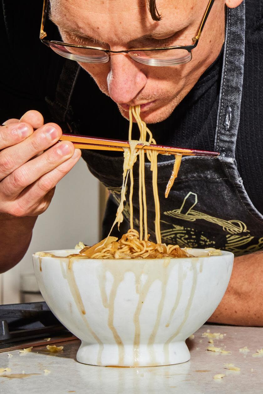 Instant noodles and melted cheese meld in French onion ramen.