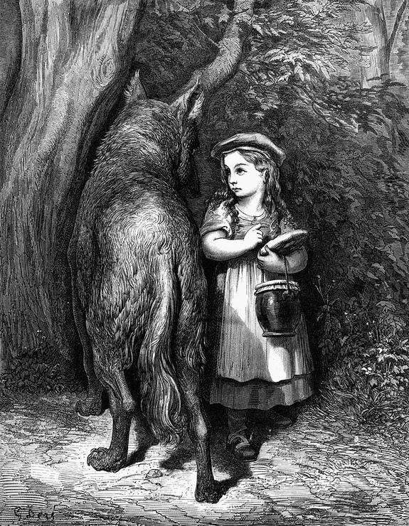 "Little Red Riding Hood" is a fairy tale about a girl in a cloak and hood (or a cap in the Brothers Grimm version) and a Big Bad Wolf.