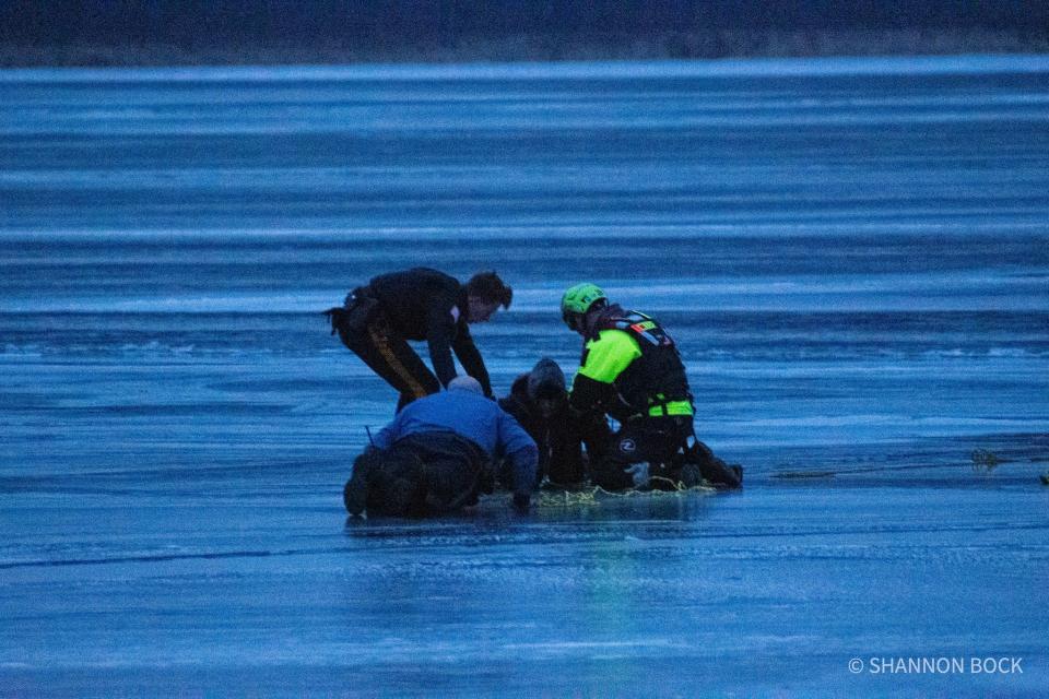 The Netcong police and first responders helped rescue three people who fell through the ice on Lake Musconetcong on Sunday.