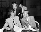 <p>Lucille's real husband, Desi, joins her and her on-screen spouse for a rehearsal on the set of their CBS radio show, <em>My Favorite Husband.</em></p>