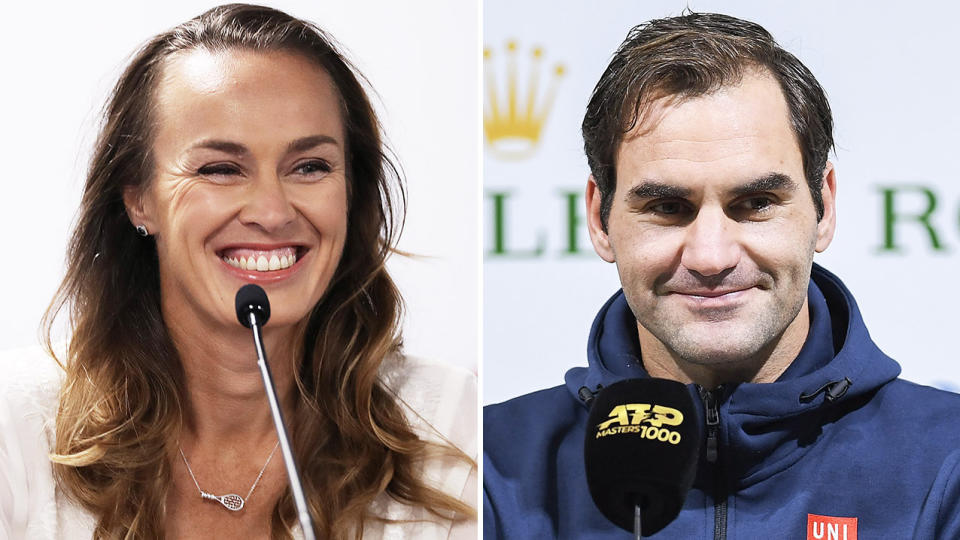 Martini Hingis (pictured left) smiling a press conference and Roger Federer (pictured right) speaking to the media.