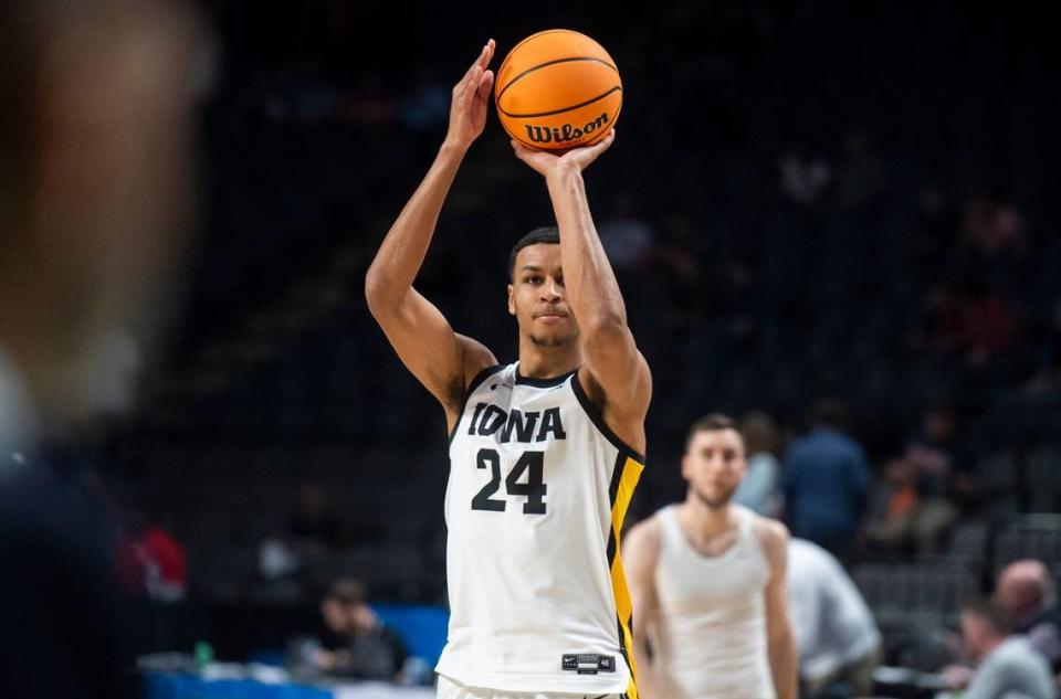 Iowa Hawkeyes forward Kris Murray (24) takes a jump shot during warm ups before Auburn Tigers take on Iowa Hawkeyes the first round of NCAA Tournament at Legacy Arena in Birmingham, Alabama, on Thursday, March 16, 2023. Jake Crandall/Jake Crandall/Advertiser/USA TODAY NETWORK