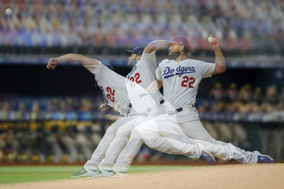 ARLINGTON, TX - OCTOBER 07: Clayton Kershaw of the Los Angeles Dodgers pitches in the second inning during Game 2 of the NLDS between the Los Angeles Dodgers and the San Diego Padres at Globe Life Field on Wednesday, October 7, 2020 in Arlington, Texas. (Photo by Kelly Gavin/MLB Photos via Getty Images)