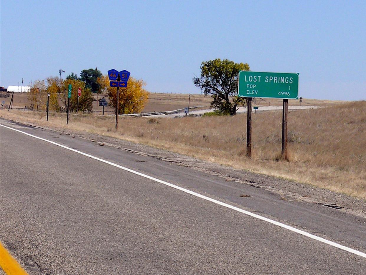 Lost Springs, Wyoming sign "Population: 1"