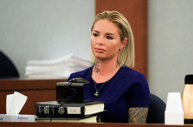 Christine Mackinday, the victim and ex-girlfriend of former mixed martial arts fighter War Machine, aka Jonathan Koppenhaver, gives her testimony during his sexual assault and attempted murder trail. Picture: Brett Le Blanc/AP