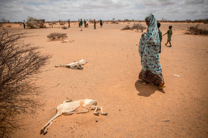A child displaced by drought holds her nose as she walks