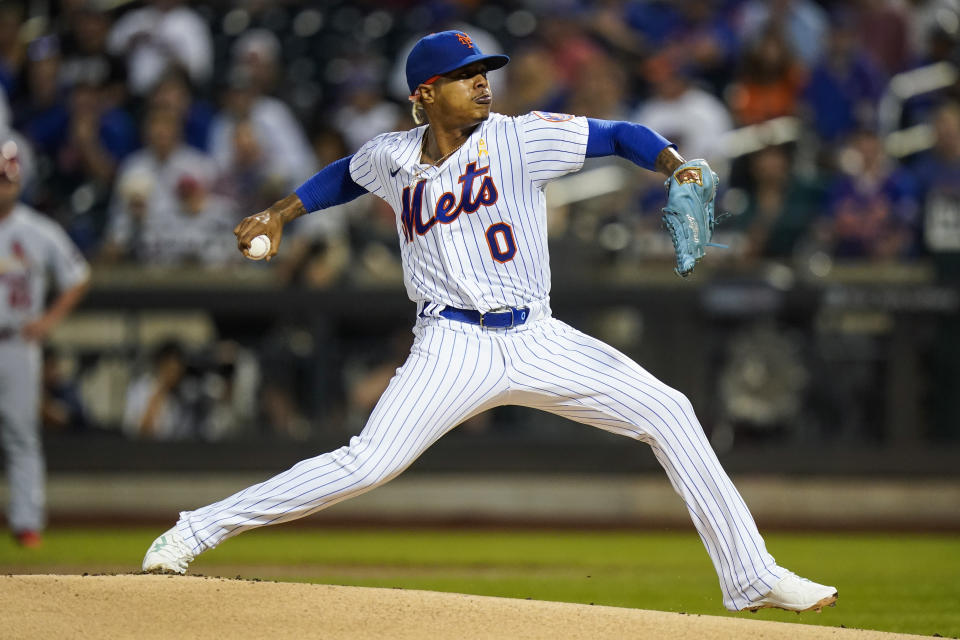 New York Mets' Marcus Stroman pitches during the first inning of the team's baseball game against the St. Louis Cardinals on Tuesday, Sept. 14, 2021, in New York. (AP Photo/Frank Franklin II)