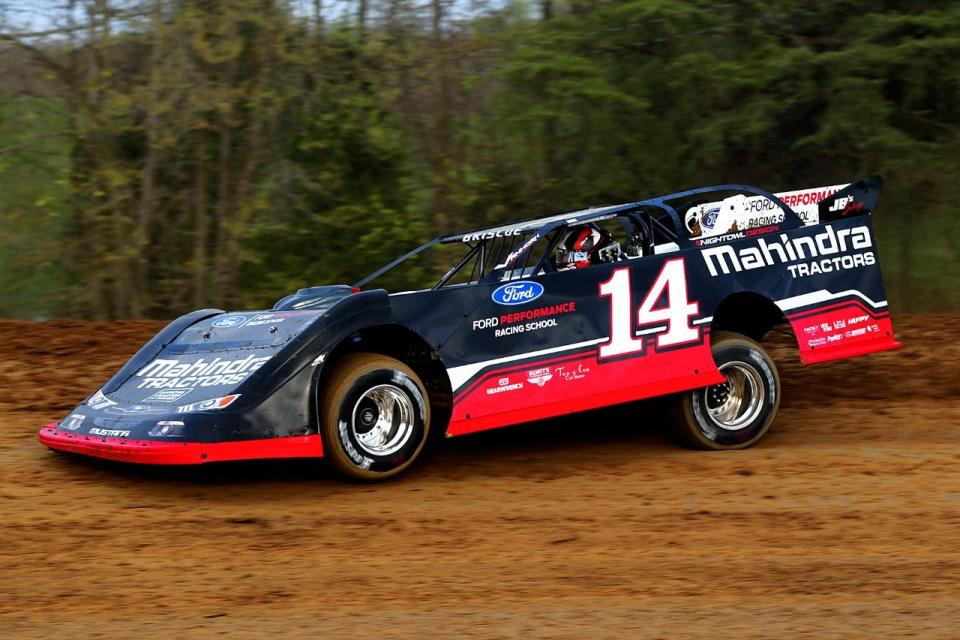 Mitchell's Chase Briscoe glides through a turn during Super Late Model qualifying Wednesday, April 27 at Brownstown Speedway.