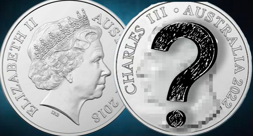 A coin with Queen Elizabeth II and a second with a question mark over it signifying the mystery around King Charles effigy. 