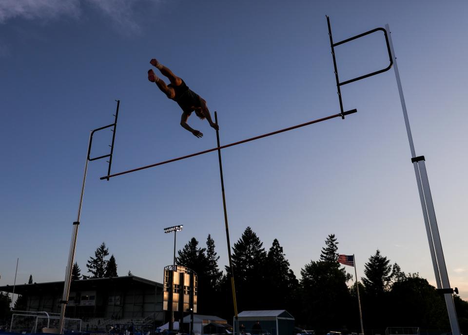 South Salem’s Griffin Haider competes in the pole vault during the CVC district track meet on Friday, May 19, 2023, in Keizer, Ore.