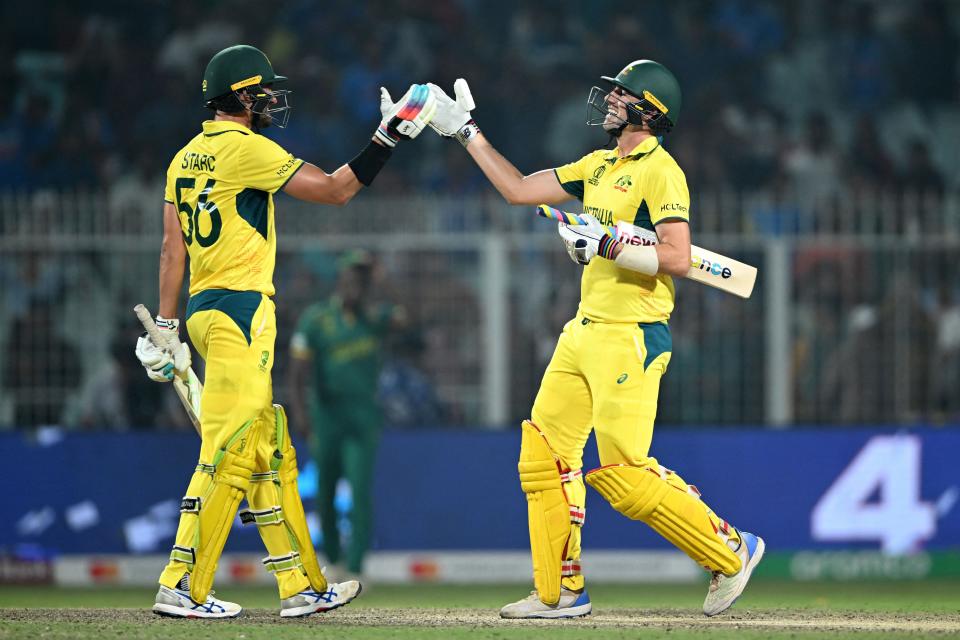 Australia's captain Pat Cummins (R) and Mitchell Starc celebrate their win at the end of the 2023 ICC Men's Cricket World Cup one-day international (ODI) second semi-final match against South Africa at the Eden Gardens in Kolkata on November 16, 2023.