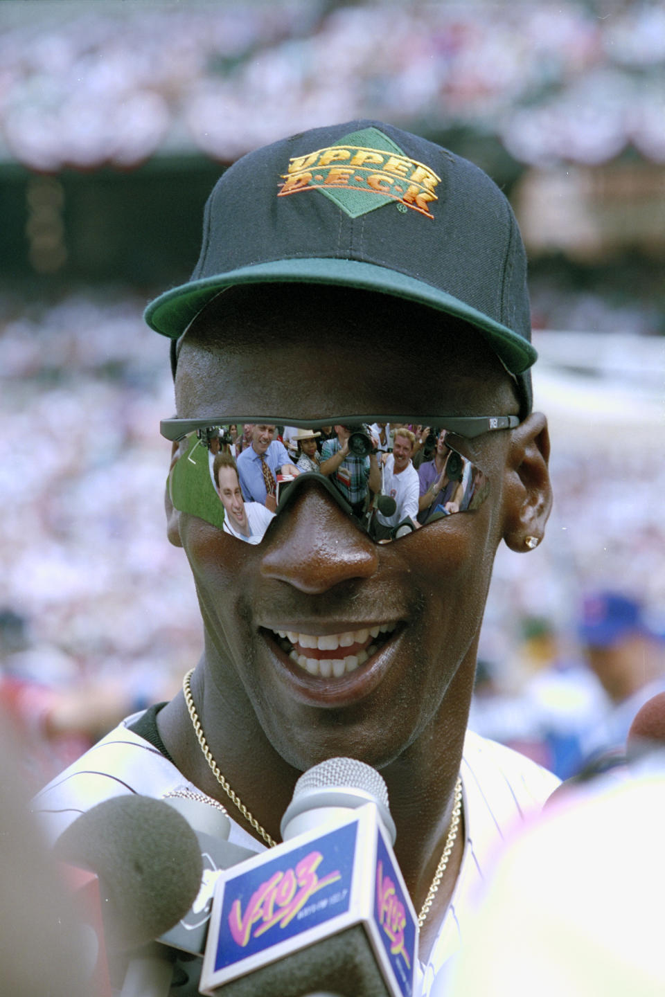 Michael Jordan speaks to the press prior to the 1993 Major League Baseball All-Star Game at Oriole Park at Camden Yards in Baltimore. (Ap Photo/Diamond Images)