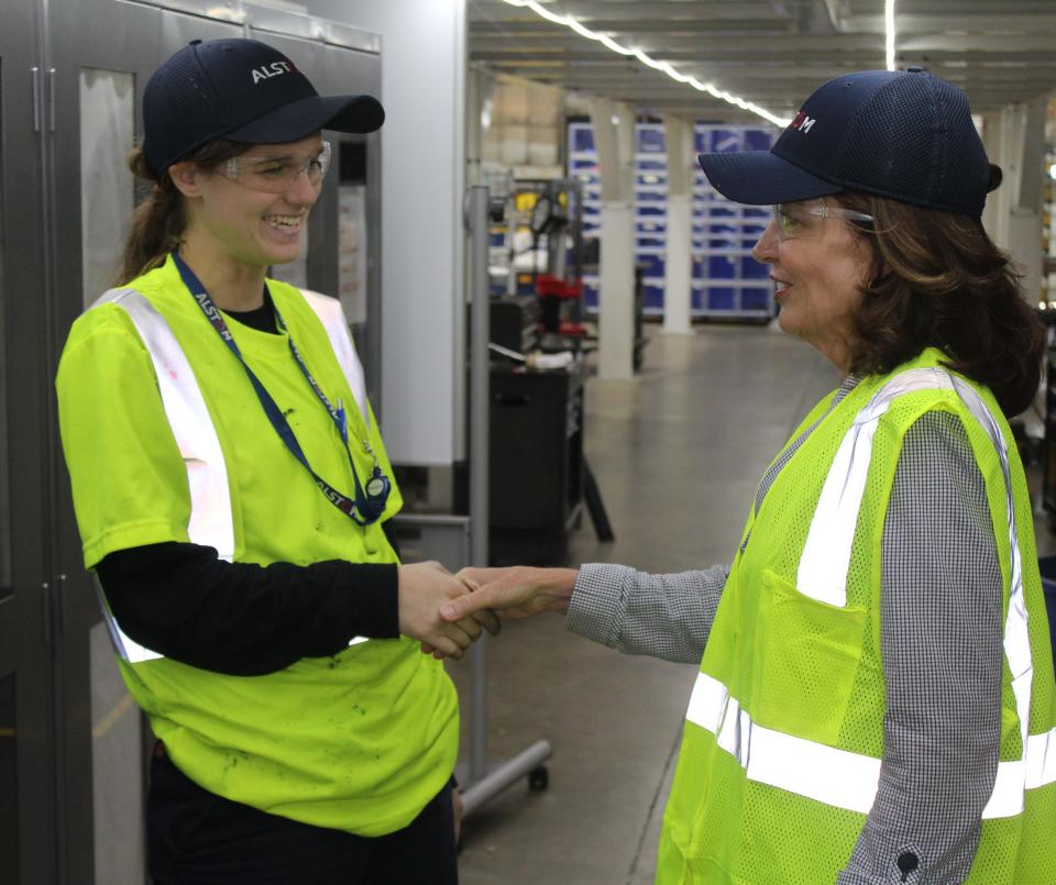 Lt. Gov. Kathy Hochul, right, visits rail manufacturer Alstom's facility in Hornell, N.Y., in 2019. The company is working on the next generation of high-speed trains.