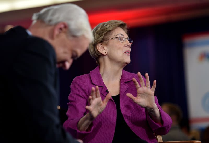 Senator Elizabeth Warren does a television interview after the ninth Democratic 2020 U.S. Presidential candidates debate in Las Vegas, Nevada, U.S.