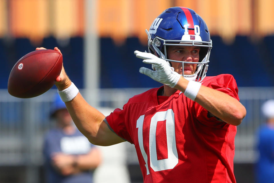 EAST RUTHERFORD, NJ - JULY 26:  New York Giants quarterback Eli Manning (10) during training camp on July 26 2019 at Quest Diagnostics Training Center in East Rutherford, NJ.  (Photo by Rich Graessle/Icon Sportswire via Getty Images)
