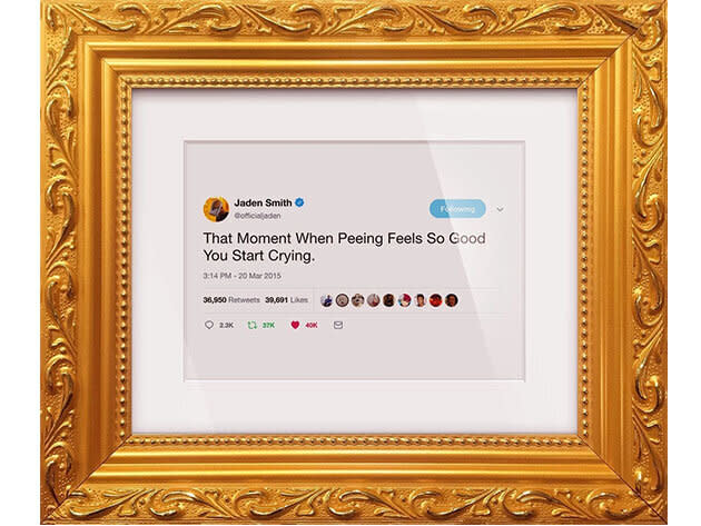 Get it <strong><a href="https://www.huffpoststuff.com/sales/that-moment-when-jaden-smith-framed-tweet" target="_blank" rel="noopener noreferrer">here</a></strong>.