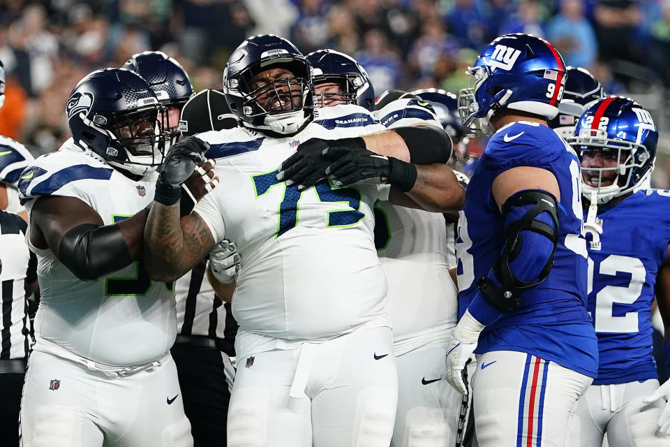 Seattle Seahawks guard Anthony Bradford (75) reacts during a scuffle with the New York Giants during an NFL football game, Monday, Oct. 2, 2023, in East Rutherford, N.J. (AP Photo/Frank Franklin II)