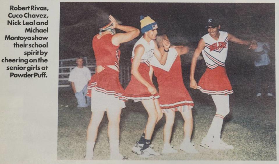 California Assemblyman Robert Rivas, D-Salinas, is dressed in a cheerleading uniform at a powderpuff football game at San Benito High School, now Hollister High School, as seen in their 1998 yearbook.