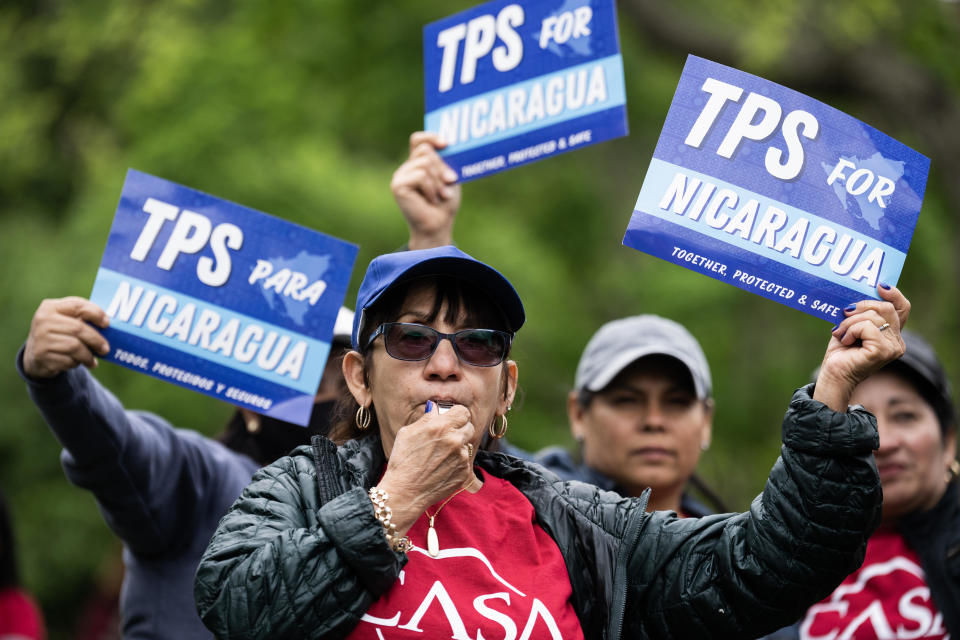 Demonstrators rally in Lafayette Park to demand Temporary Protected Status for Nicaragua, Honduras, Guatemala, and El Salvador on Monday, May 1, 2023. / Credit: Tom Williams/CQ-Roll Call, Inc via Getty Images