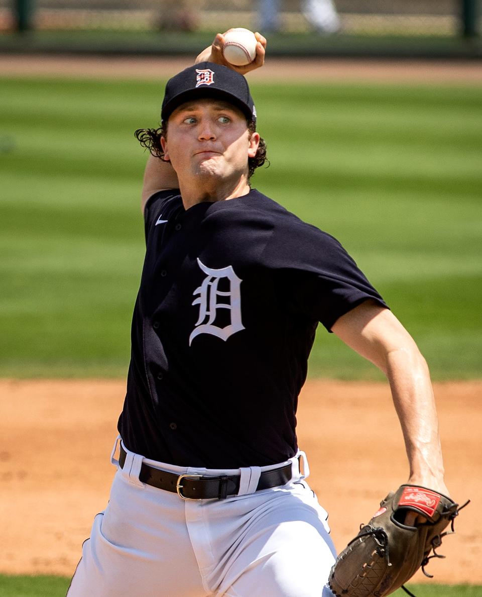 Detroit Tigers pitcher Casey Mize throws a pitch against the Tampa Bay Rays during the Tigers final Spring Training game at Publix Field at Marchant Stadium  in Lakeland Fl. Tuesday March 30  2021. ERNST PETERS/ THE LEDGER