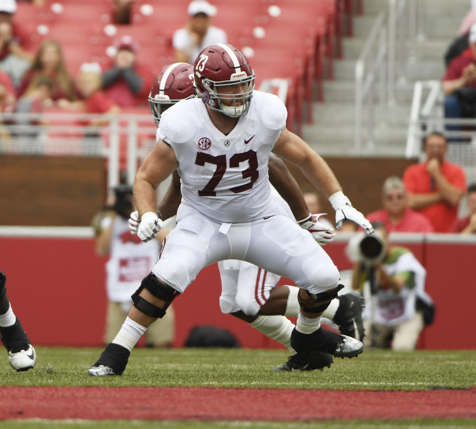 FILE - In this Oct. 6, 2018, file photo, Alabama offensive lineman Jonah Williams sets up to block against Arkansas in the second half of a game in Fayetteville, Ark. Williams was named to the 2018 AP All-America NCAA college football team, Monday, Dec. 10, 2018. (AP Photo/Michael Woods, File)