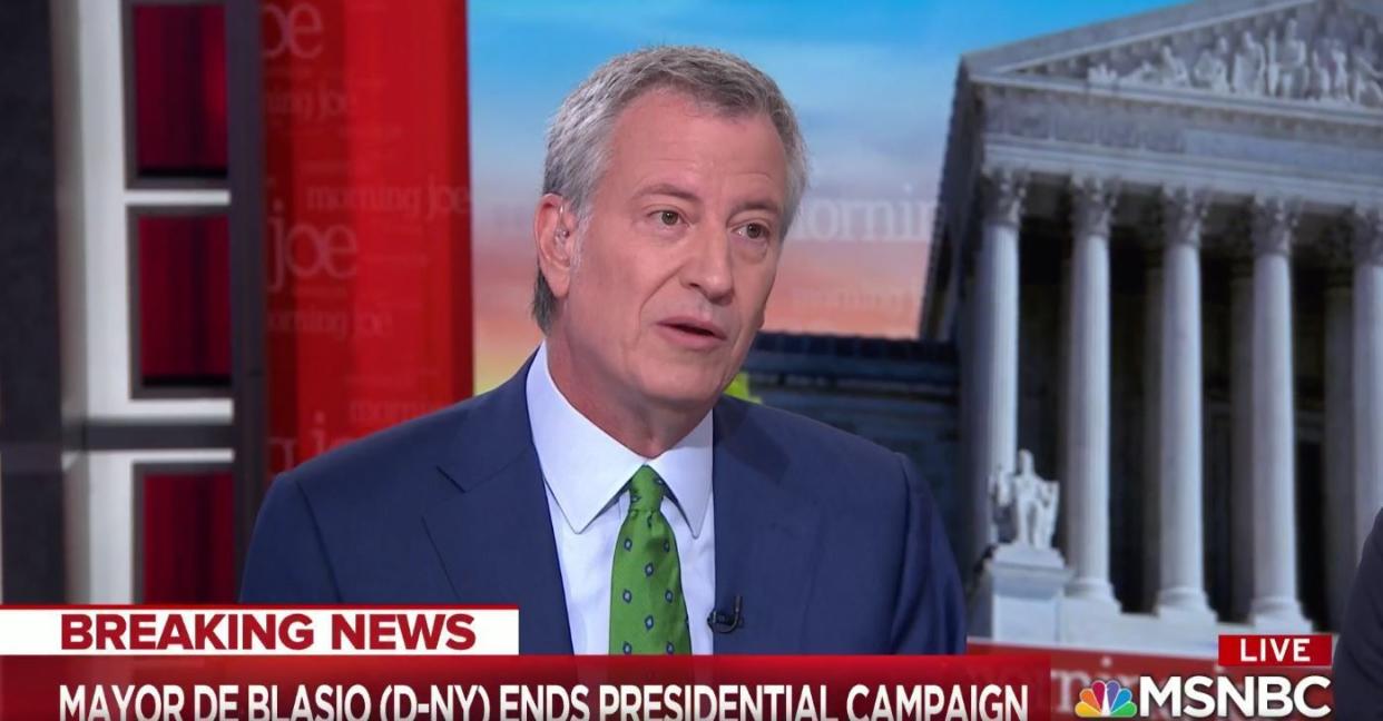 Mayor Bill de Blasio announced on MSNBC’s “Morning Joe” that he would be ending his presidential campaign on Sept. 20, 2019. "I feel like I have contributed all I can to this primary election," de Blasio stated on Friday. "It’s clearly not my time, so I’m going to end my presidential campaign." The mayor never polled above one percent during his campaign, which he announced on May 16, and couldn’t participate in September’s Democratic debate due to not meeting fundraising goals or increasing his poll numbers.
