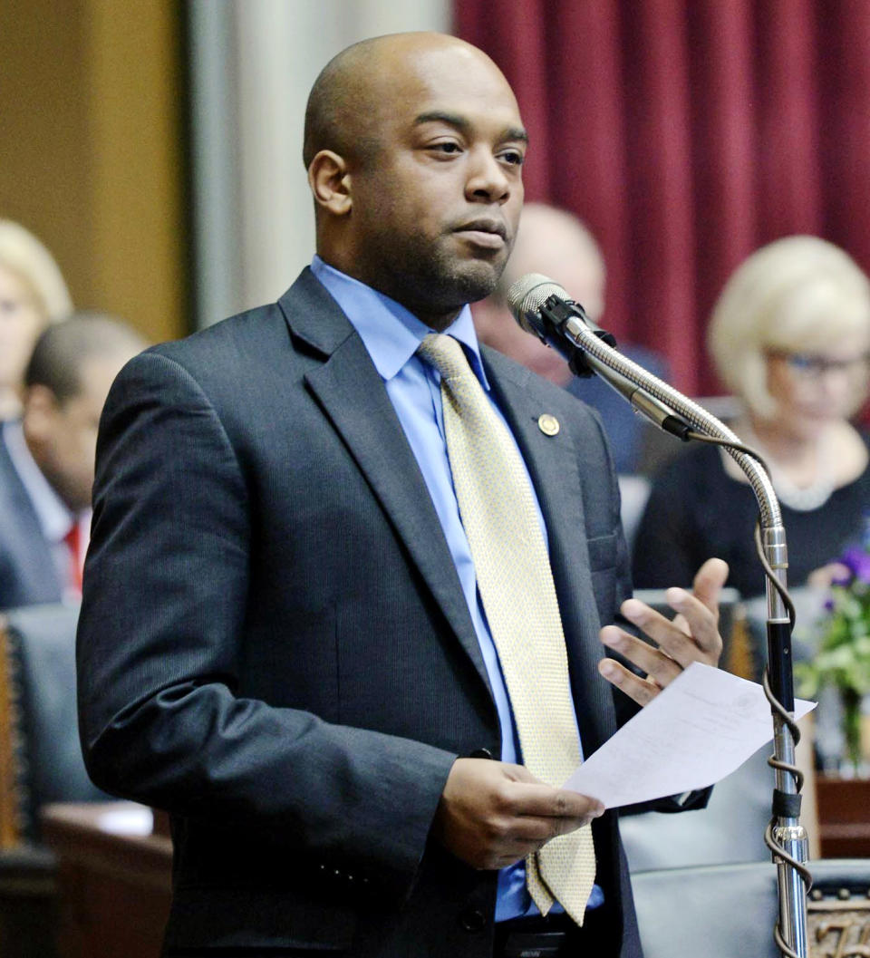 Former Missouri state Rep. Courtney Allen Curtis speaks on the House floor in Jefferson City in 2015.  (Tim Bommel / Missouri House of Representatives via AP)