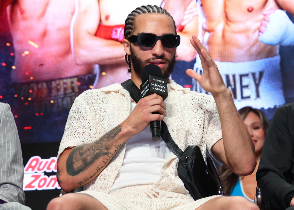 LAS VEGAS, NEVADA - MAY 18: Nico Ali Walsh speaks during the undercard press conference ahead of his May 20 middleweight fight with Danny Rosenberger, at MGM Grand Hotel & Casino on May 18, 2023 in Las Vegas, Nevada. (Photo by Mikey Williams/Top Rank Inc via Getty Images)