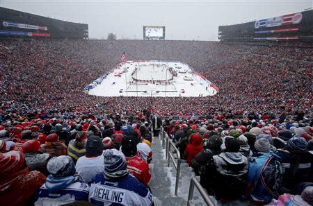 A general view in the first period during the 2014 Winter Classic hockey game between the Detroit Red Wings and the Toronto Maple Leafs at Michigan Stadium. Mandatory Credit: Tim Fuller-USA TODAY Sports