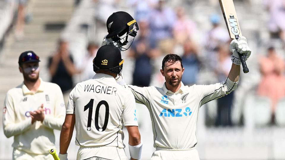 Seen here, New Zealand batsman Devon Conway celebrates his 200 against England.