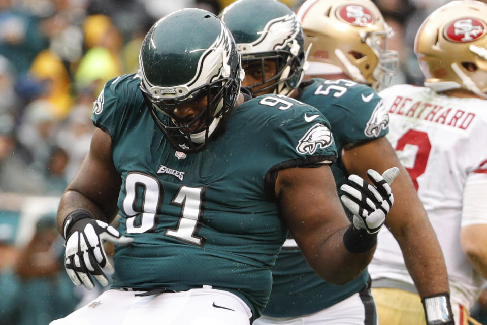 Philadelphia Eagles defensive tackle Fletcher Cox has just one sack over his last four games, but could get it going against the Giants. (AP Photo/Chris Szagola)