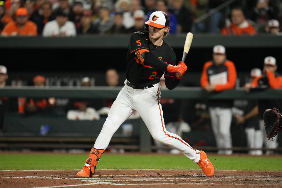 Baltimore Orioles' Gunnar Henderson waits for a pitch from the Washington Nationals during the fifth inning of a baseball game, Wednesday, Sept. 27, 2023, in Baltimore. (AP Photo/Julio Cortez)