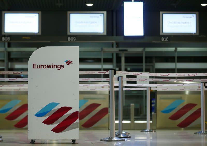 Logo of Eurowings is pictured at the Cologne-Bonn airport during a strike of cabin crew employees of German airline Germanwings