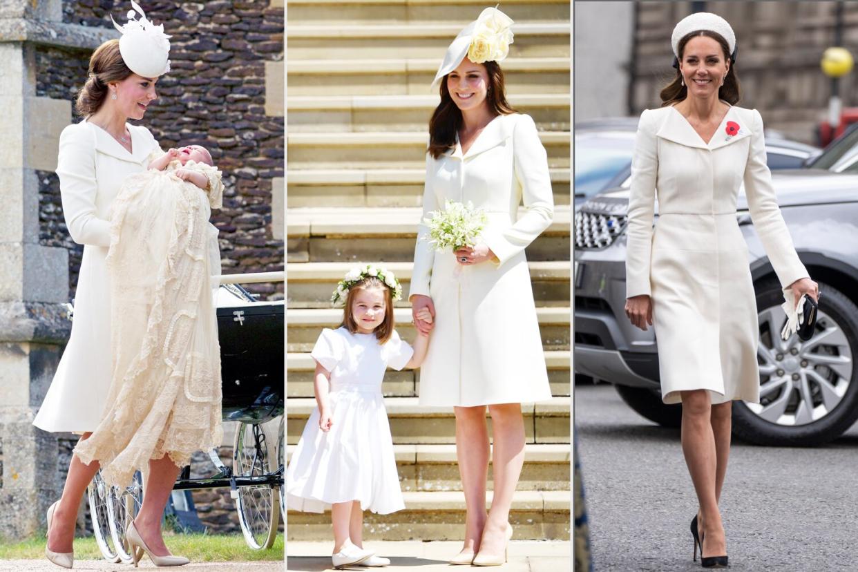 KING'S LYNN, ENGLAND - JULY 05: Catherine, Duchess of Cambridge, carries Princess Charlotte of Cambridge as they arrive at the Church of St Mary Magdalene on the Sandringham Estate for the Christening of Princess Charlotte of Cambridge on July 5, 2015 in King's Lynn, England. (Photo by Matt Dunham - WPA Pool /Getty Images) TOPSHOT - Princess Charlotte and Britain's Catherine, Duchess of Cambridge leave the wedding ceremony of Britain's Prince Harry, Duke of Sussex and US actress Meghan Markle at St George's Chapel, Windsor Castle, in Windsor, on May 19, 2018. (Photo by Ben STANSALL / POOL / AFP) (Photo credit should read BEN STANSALL/AFP via Getty Images) LONDON, ENGLAND - APRIL 25: Catherine, Duchess of Cambridge attends the Service of Commemoration and Thanksgiving at Westminster Abbey, commemorating Anzac Day on April 25, 2022 in London, England. (Photo by Mark Cuthbert/UK Press via Getty Images)